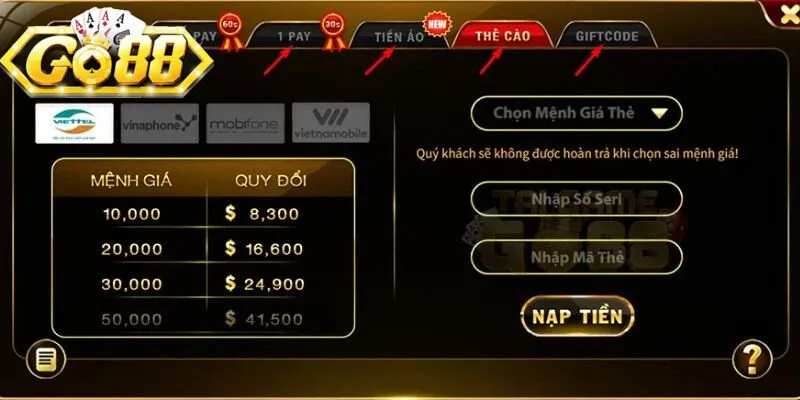 Rút tiền Go88 dễ dàng bằng thẻ cào